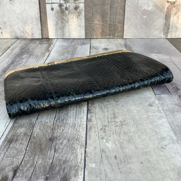 VTG Shirl Miller Purse Clutch Black Gold Framed Reptile Snake Glam Retro Boho - Picture 4 of 11
